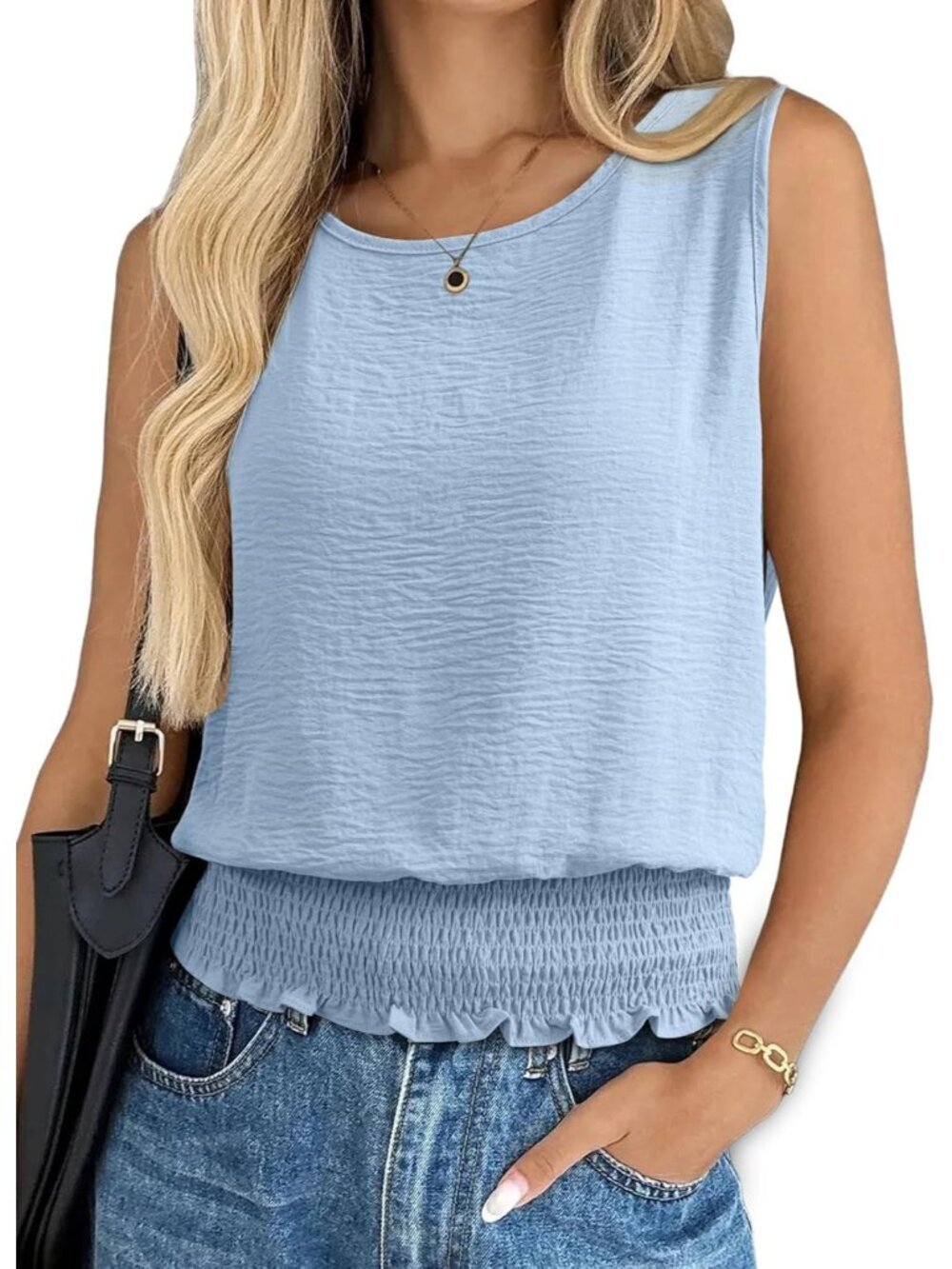 Women's Tops Beau Blue Summer Casual Sleeveless Slim Fit Smocked Bottom Shirts